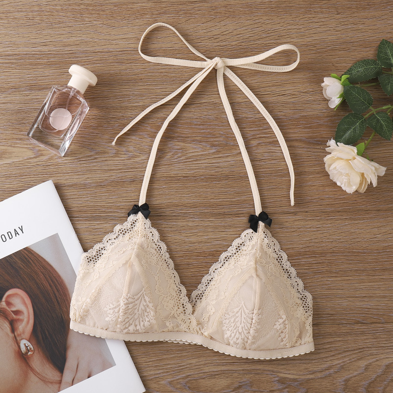Transfronterizos sexy encaje delgado cuello colgante triángulo copa bra de encaje belleza de espalda sin anillo de acero ropa interior de verano