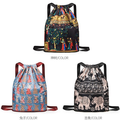 折叠双肩旅行包束口袋轻便简易抽绳收纳包女大容量运动健身水桶包