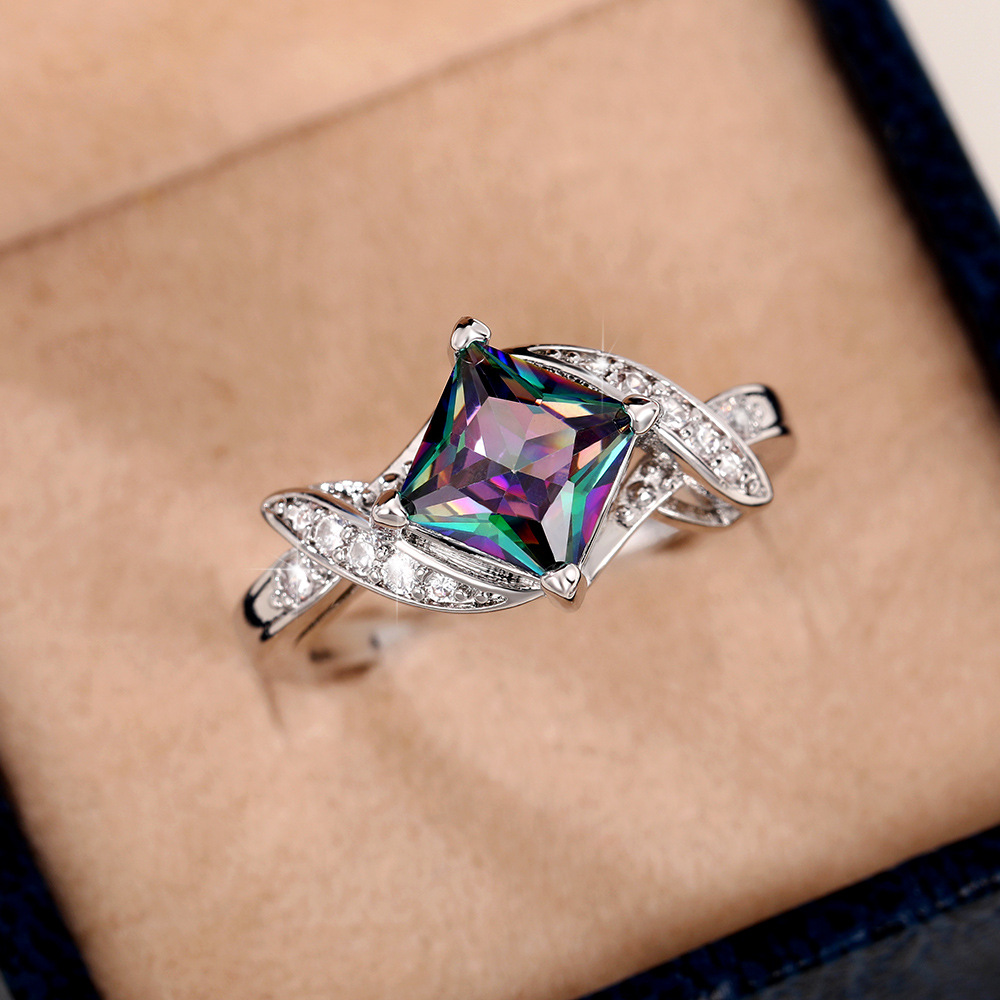 Bunter Zirkonring Für Damen, Eleganter Quadratischer Modeschmuck_voghion.com