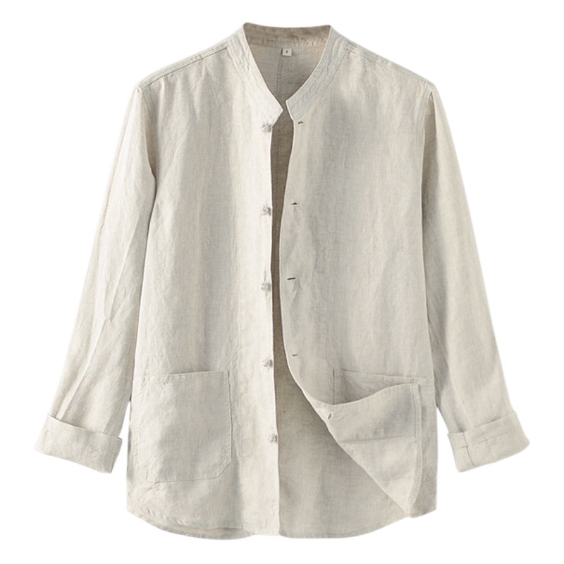 Ropa de lino estilo chino para hombre 2025, camisa de lino con cuello alto estilo chino, cárdigan de lino informal con botones D015