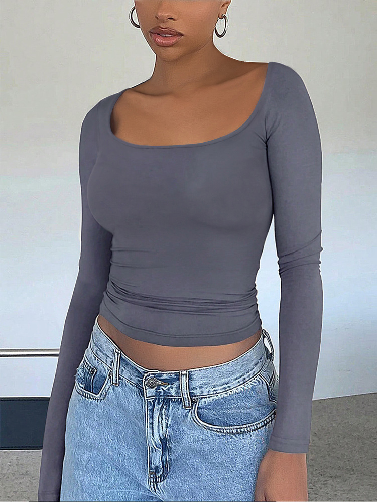 Cross-border Hot-selling Items In Stock: Autumn And Winter Women's Tops, Y2K Sexy U-neck BM Solid Color_ecoleips.com