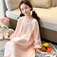 女童蕾丝花边睡衣女孩甜美宫廷风公主睡裙春秋大童长袖纯棉家居服