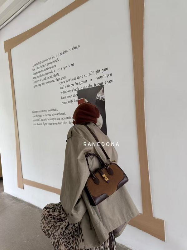 复古磨砂麂皮手提波士顿包时尚凯莉包精致通勤大容量托特包斜挎包|undefined