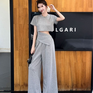 Q2R Korean Age-Reducing Fashion Suit for Women in Summer, Simple Asymmetrical Short-Sleeved T-Shirt, Loose Casual Wide-Leg Pants Two Pieces