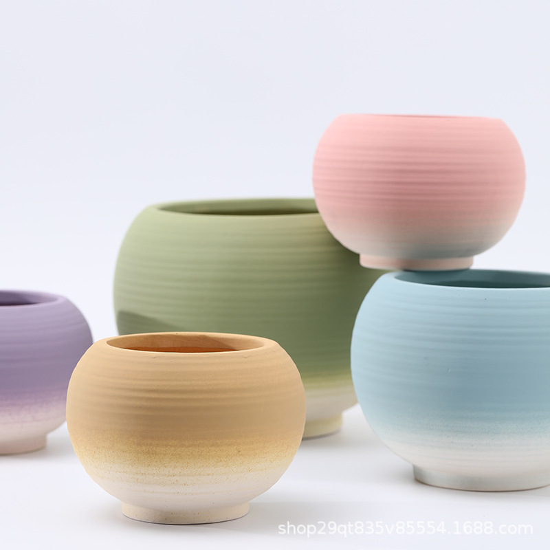 Morandi Gradient Color Ceramic Flower Pot with Brushed Texture, Coarse Pottery, Large Size, Breathable and Durable, Suitable for Balcony Planting of Green Plants and Flowers