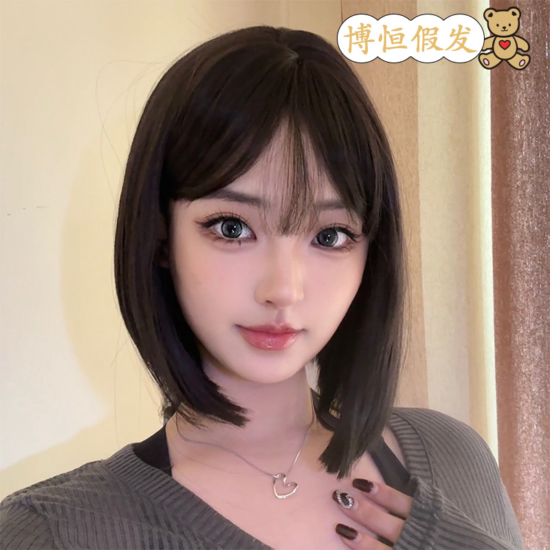 Short Bob Wig for Women, Full Headpiece, Realistic Breathable Short Straight Hair Wig with Full Bangs, Makes Face Look Smaller