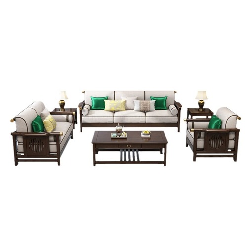 New Chinese style solid wood sofa combination modern simple Chinese style wood plus cloth sofa hotel villa living room furniture