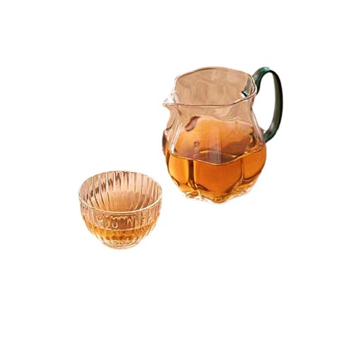 Glass Fairness Cup with Colorful Handle, High Borosilicate Tea Divider in Lake Green, Flower-Design Tea Server, Green Tea Brewing Pot, Melon-Shape Cup