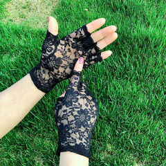 Sunscreen Half-Finger Lace Gloves, Summer Thin Breathable Elastic Black Sexy Elegant Wedding Outdoor Driving Cycling