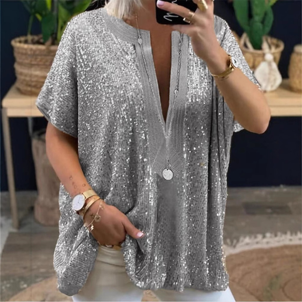 Abbigliamento donna casual, camicetta a maniche corte con scollo a V e paillettes, vestibilità ampia, top con scollo a V profondo per abbigliamento casual_voghion.com