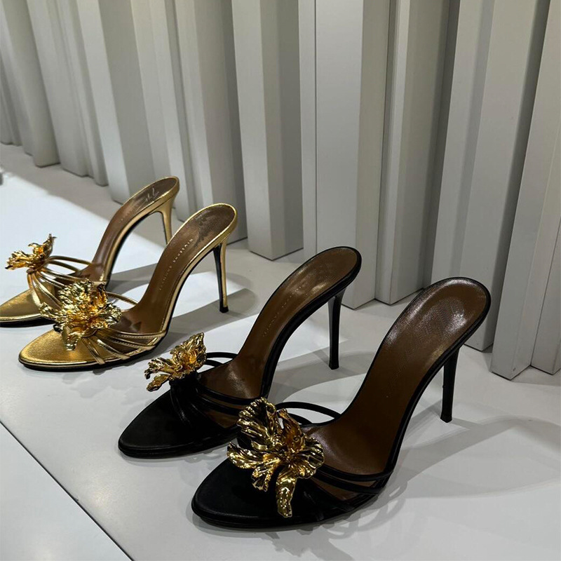 2025 Spring and Summer New Super Fashionable High Heel Golden Flower Sandals and Slippers Elegant Sexy Thin Heel Open Toe Women's Shoes