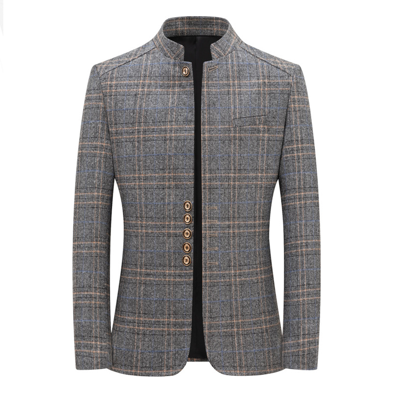In-Stock Spring and Autumn Men's Casual Plaid Suit Jacket, Korean Style Stand Collar Slim Fit Middle-Aged Mandarin Collar Striped Blazer In-Stock Spring and Autumn Men's Casual Plaid Suit Jacket, Korean Style Stand Collar Slim Fit Middle-Aged Mandarin Collar Striped Blazer