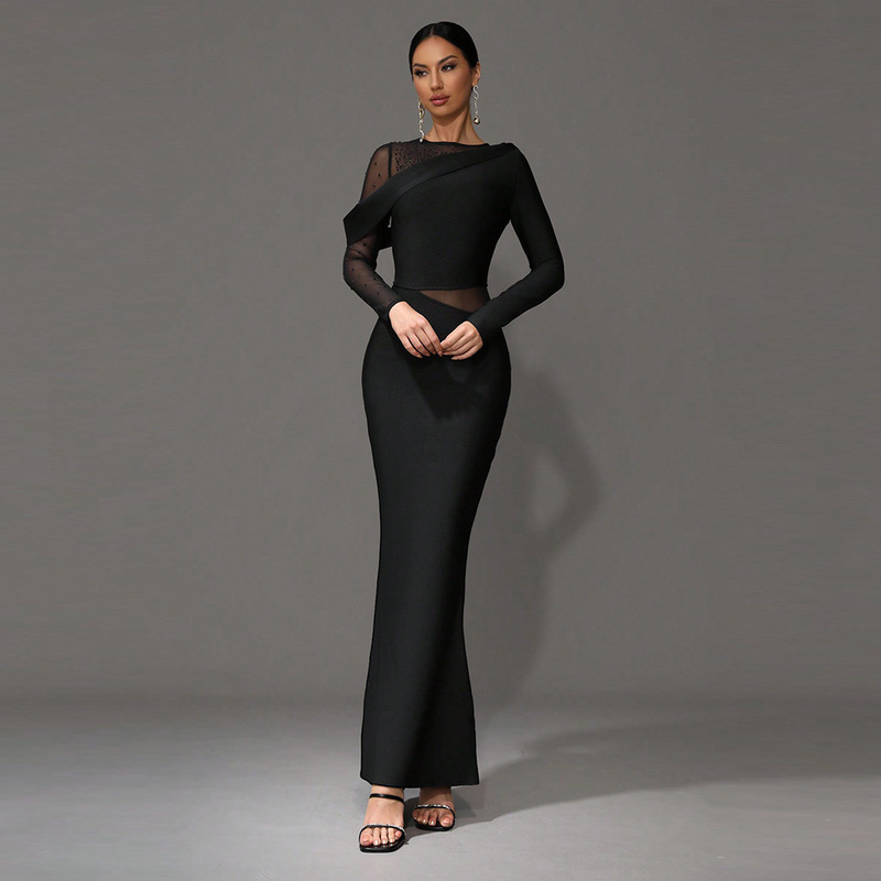 New women's sexy round-neck mesh diamond long-sleeve mermaid long strap dress, elegant for ladies