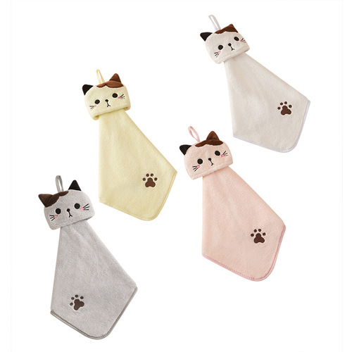Coral velvet pocket cat embroidered hand towel bathroom hanging absorbent towel kitchen bathroom dual-use square towel wholesale