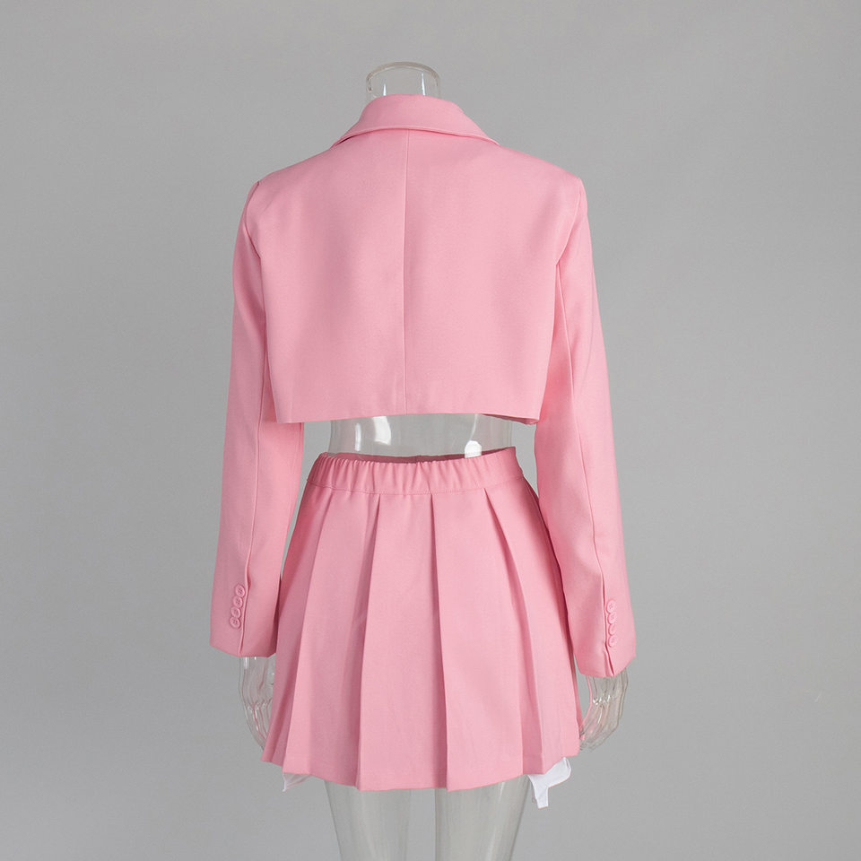 Bộ vest blazer dáng ngắn cổ ve áo kèm chân váy siêu ngắn dài tay — Màu hồng, Màu hồng nhạt, Màu đen, Tất cả các màu đều có trong kho, size L trọng lượng: 670g chi tiết 4