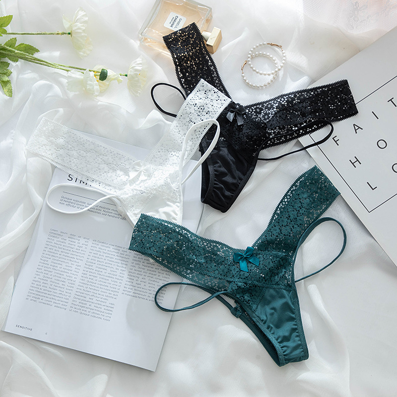 Amazon Foreign Trade Underwear Women's Sexy Black Lace T Pants Mesh Strap Hollow Transparent Peach Hip Thong