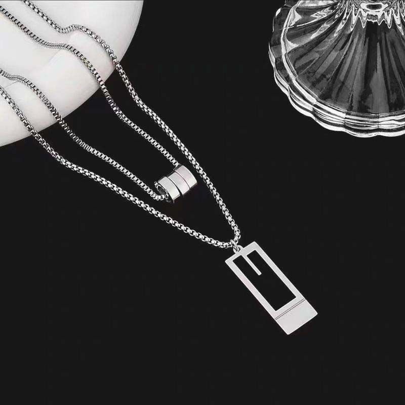 Unisex Titanium Steel Necklace With Double Square Pendant Jewelry_voghion.com
