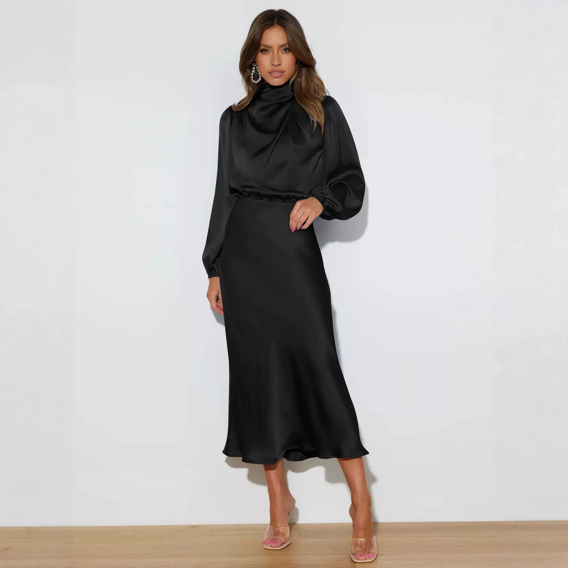 跨境外贸2025秋季新款高级感缎面长袖宽松连衣裙气质优雅晚礼裙装