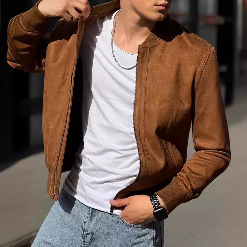 Daveж Гkom Tekртка New Cross-Border European and American Casual Suede Pure Color Jacket for Men