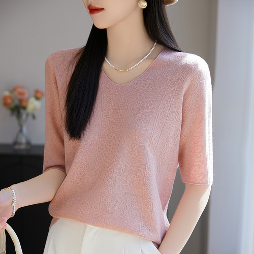 Simple Elegance Half-Sleeve Top for Women - Spring and Summer New Arrival Knit T-Shirt Style Loose and Slimming V-Neck Basic Tee - Versatile Matching