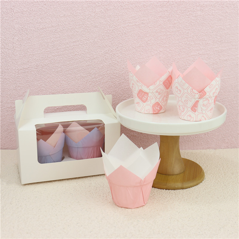 Venta al por mayor Tulip Pink Gradient periódico muffin cake taza de papel resistente a altas temperaturas a prueba de aceite recubierto de encaje muffin titular de papel