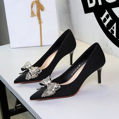18249-AH163 European and American style banquet high-heeled shoes with rhinestones, bow ties, thin heels, women's s
