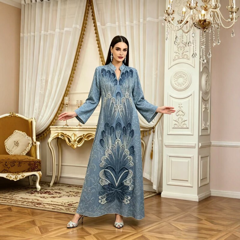 Cross-Border New Style Light Luxury Floral Beaded Long Dress Women's Party Loose Dress