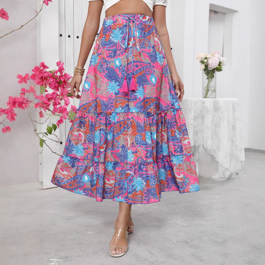 Real Shot Of Cross-border Foreign Trade 2025 Summer New Bohemian Resort Style Printed Flared Skirt For Women_ecoleips.com