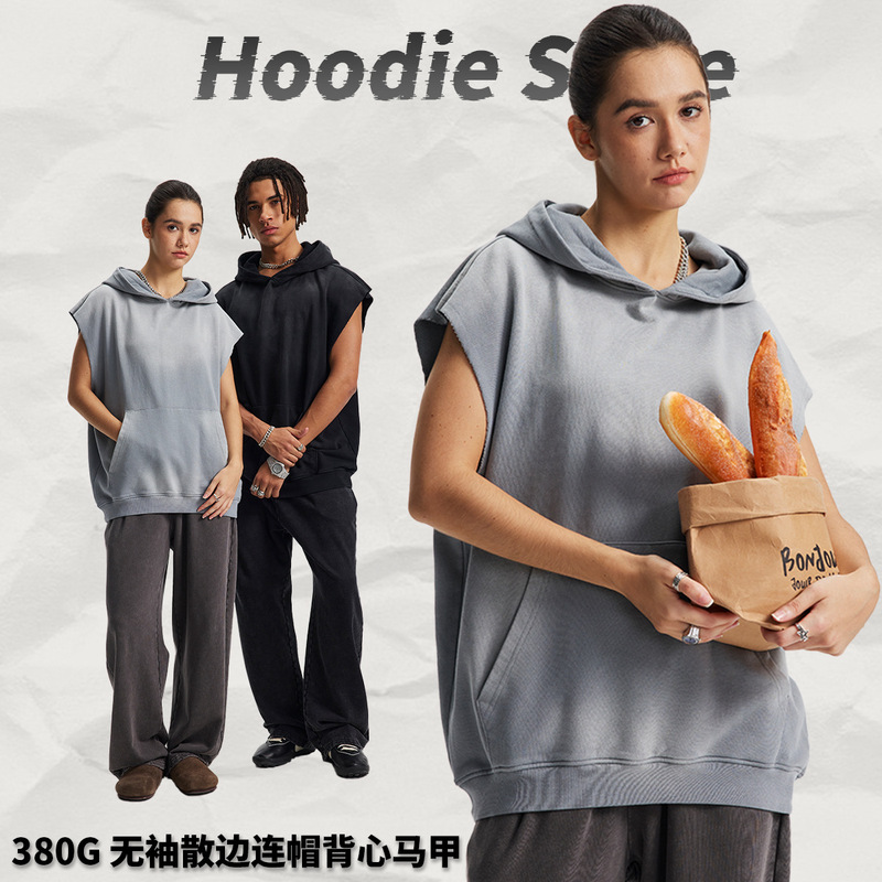 Artie Men's Clothing | 2026 Autumn and Winter New Style Sleeveless Frayed Edge Spray-Dyed Vintage Hooded Vest Sweatshirt Men's Vest
