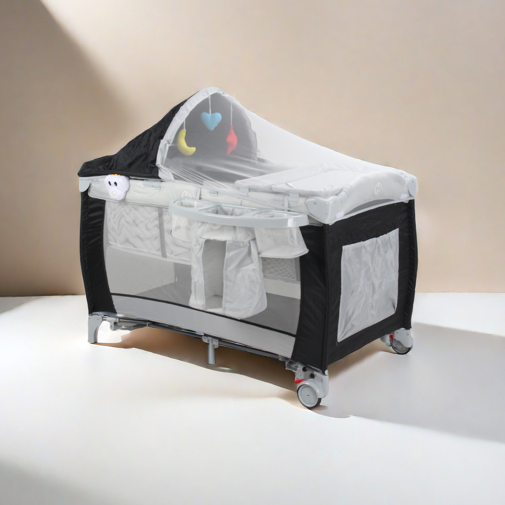Cuna multifuncional portátil transfronteriza con cambiador, mosquitero, cama plegable para bebé y mecedora.
