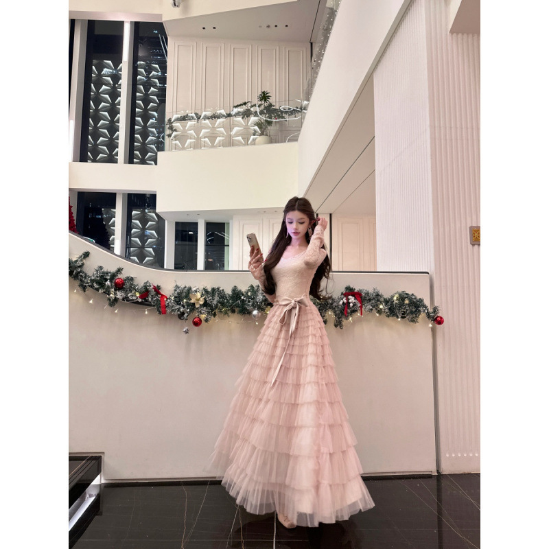 Winter New Style French Pure Lust Design Lace Fluffy Cake Skirt Dress Plus Velvet Long Skirt for Women