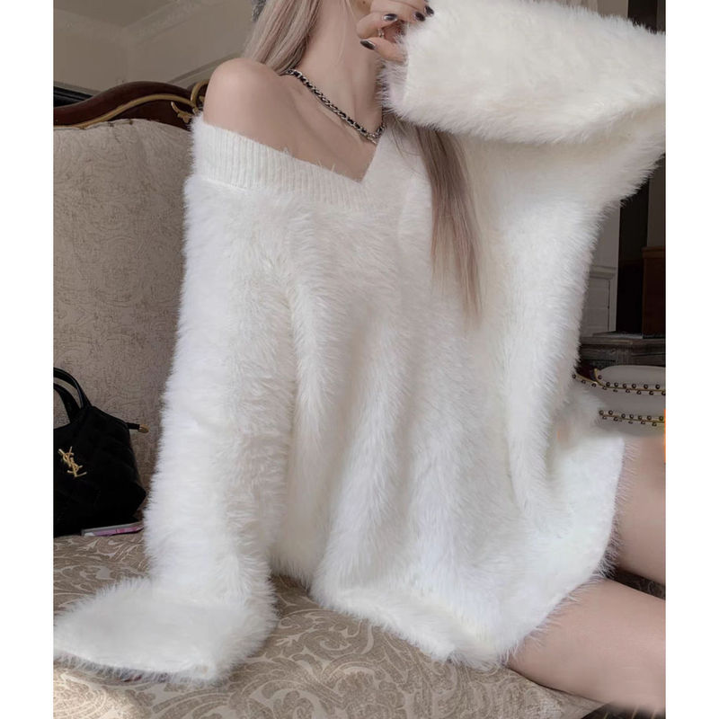 Autumn and Winter New White Long-Haired Imitation Mink Knitwear Mid-Length Pullover V Neck Knitwear Lazy Loose Top for Women