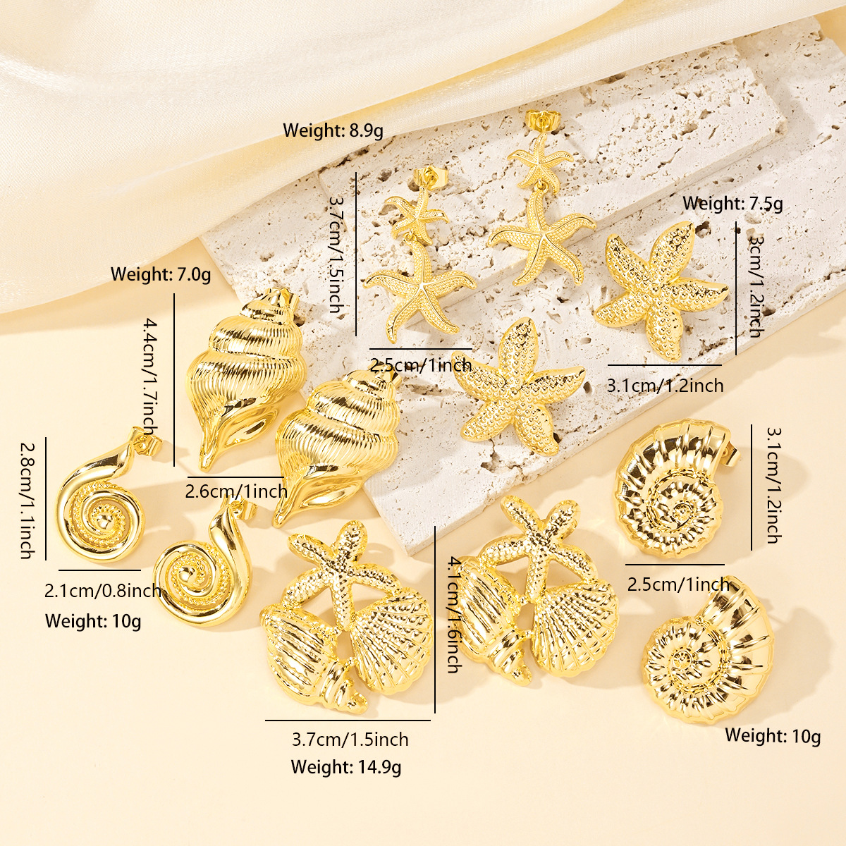 Copper Ear Needle Material Drop Earrings, Ear Studs Classification 1 Pair Quantity 1 Pair Marine Style Simple Style Starfish Shell Plating Copper Drop Earrings Ear Studs
