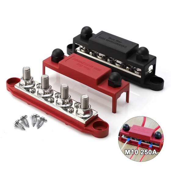 RV yacht bus bar 4-way 250A48VDC/300VAC copper stud wiring red and black stud power distribution block