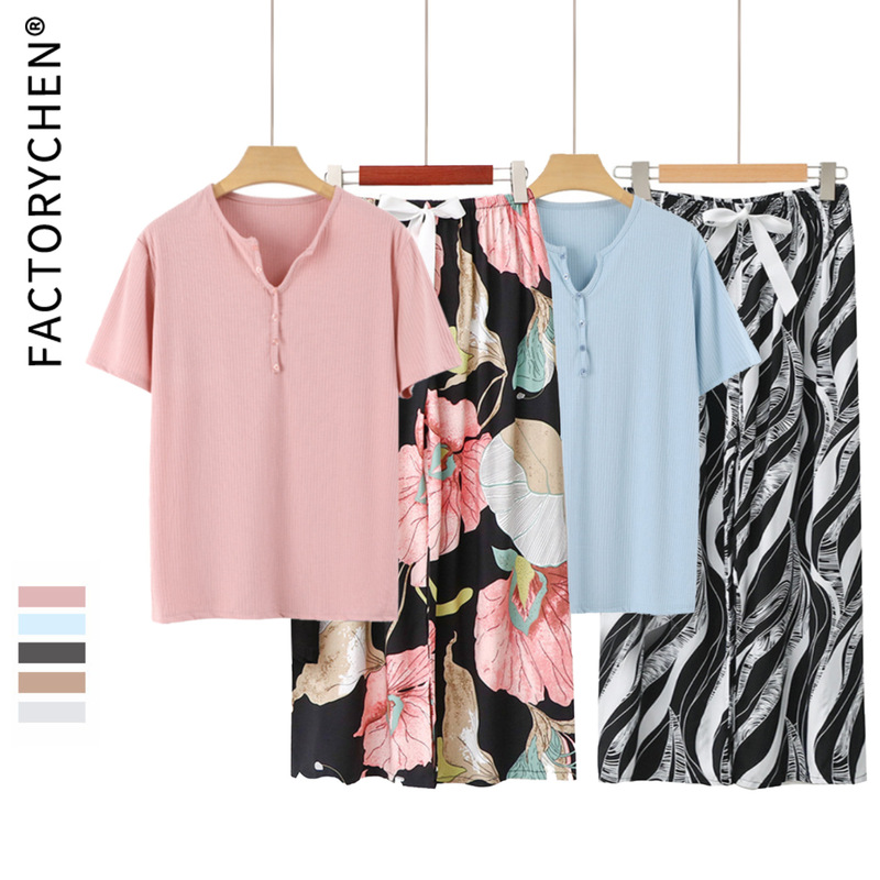 Cross-border Amazon summer knitted 1*1 thread V-neck short sleeve bottoming shirt cotton wide leg loose home pajamas suit