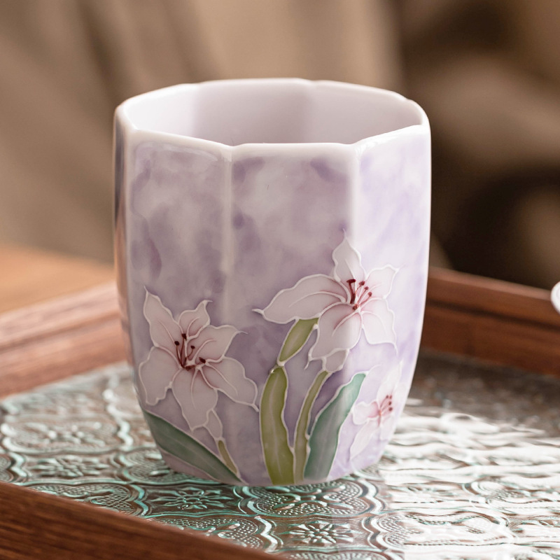 手绘堆雕紫百合喝茶杯子陶瓷主人杯家用品茗杯水杯高颜值功夫茶具|undefined