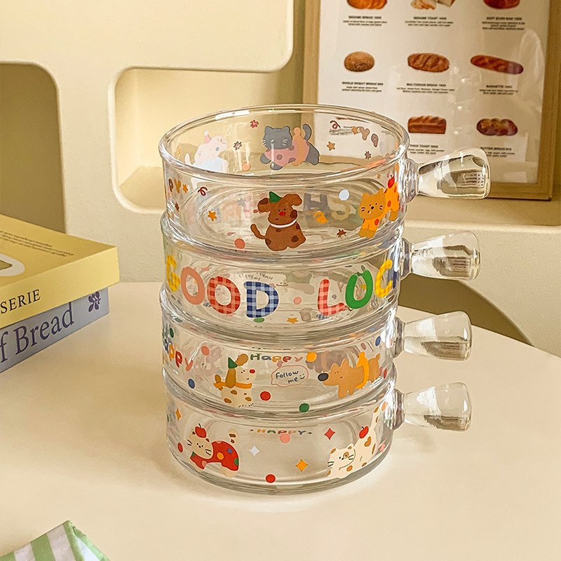 Puppy Cute Cat Transparent Glass Bowl Household Fruit Salad Bowl 2025 New High-Looking Ins Style Dessert Bowl