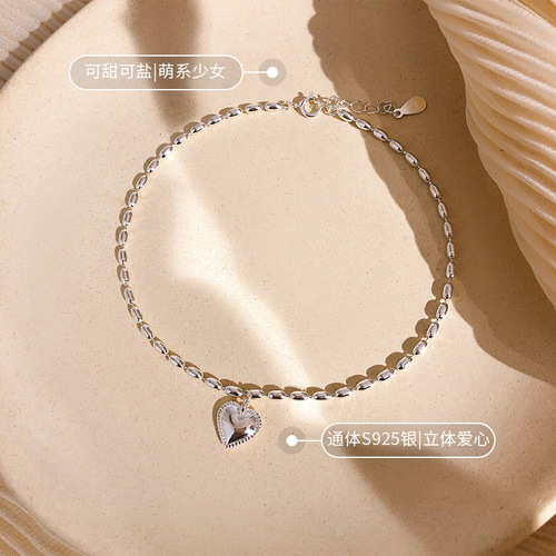 s925 Silver  New Millet Grain Love Anklet for Women Korean Version Internet Celebrity Simple Sexy Personalized Accessories