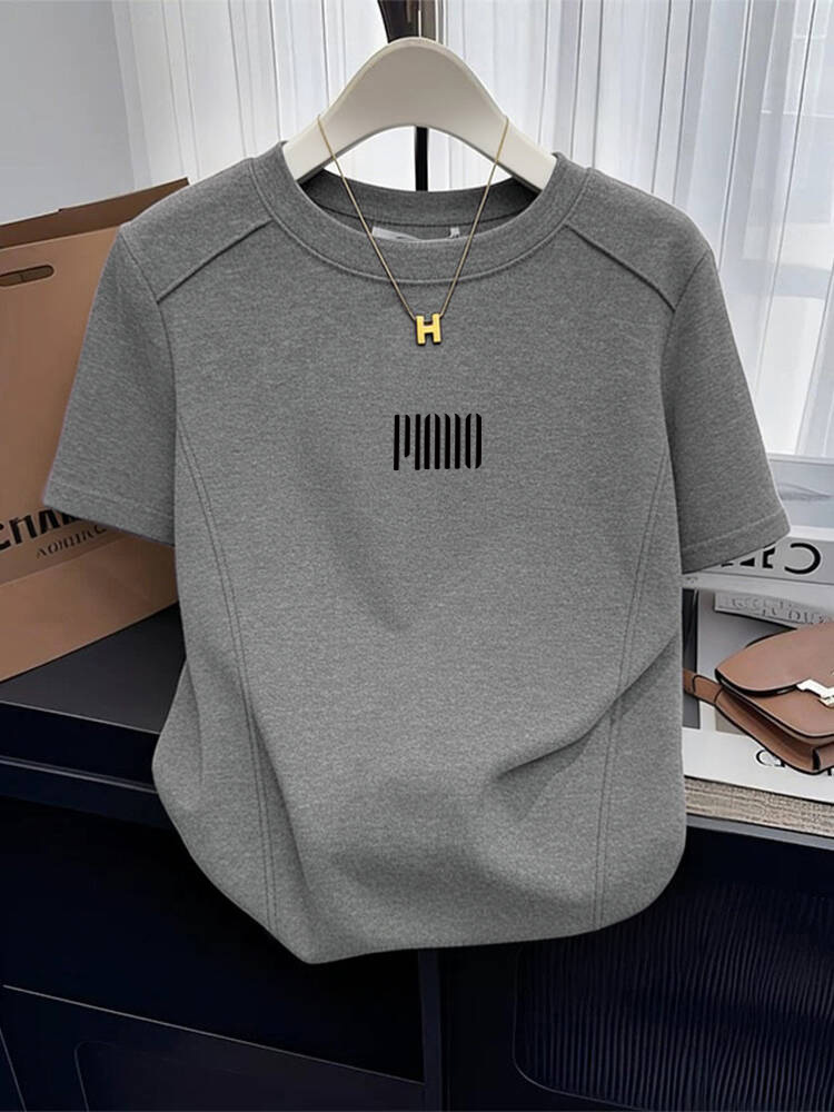 Pure Cotton Regular Shoulder Round Neck Short-Sleeve T-Shirt for Women, 2026 New Slim-Fit Slimming Gray Thin Top for Spring and Summer