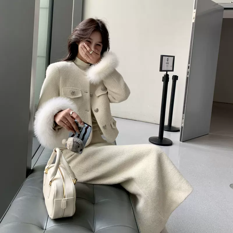 袖口可拆卸狐狸毛小香风羽绒服套装女内胆高级感上衣半身裙两件套