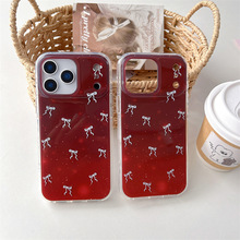 蝴蝶结渐变酒红适用iphone15手机壳16P苹果17保护套13/14双层imd