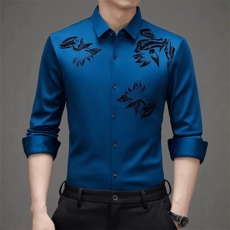 Бесшовная мужская рубашка без глажки с длинными рукавами, весенне-осенняя тонкая повседневная деловая рубашка с флокированием и принтом против морщин