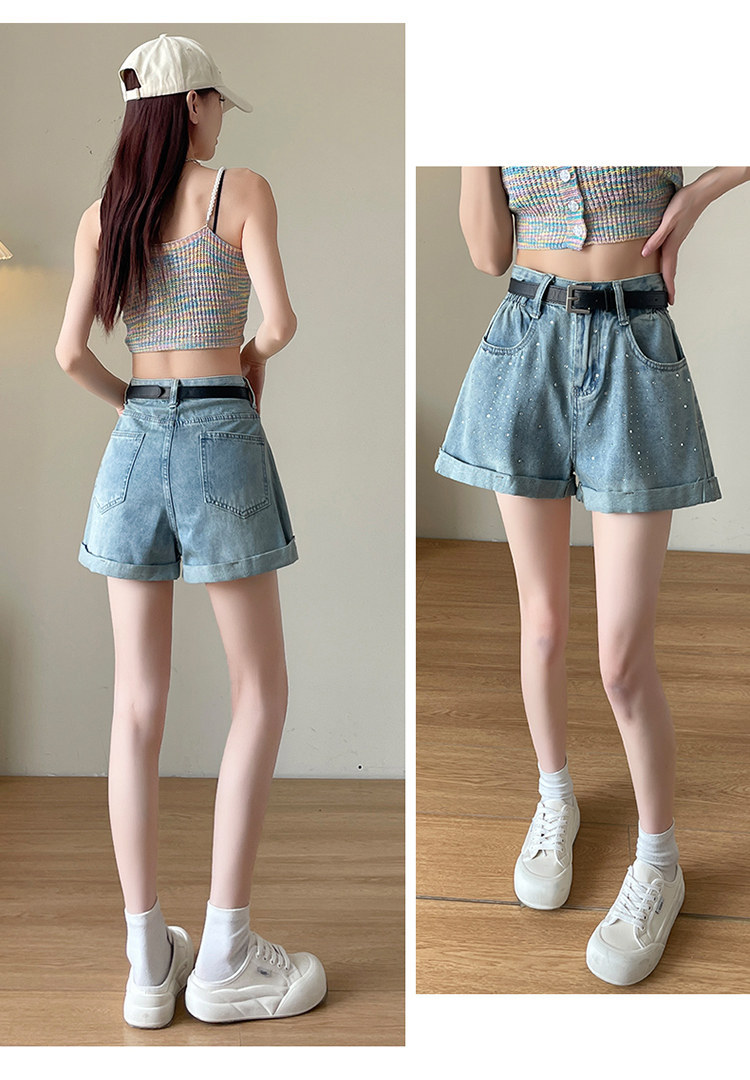 Quần short jean nữ lưng cao, ống rộng, viền chữ A, kiểu mới mùa hè — Xám đen với thắt lưng chi tiết 17