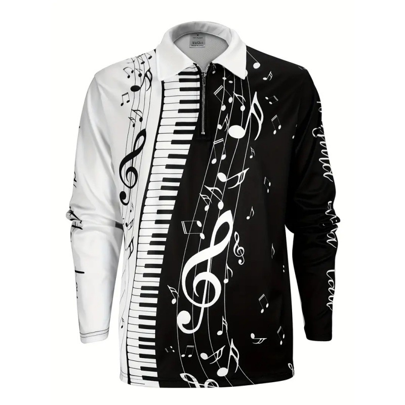 Venta caliente arte piano nota 3D impresión primavera y otoño hombre manga larga solapa suelta hombro cremallera camisa POLO