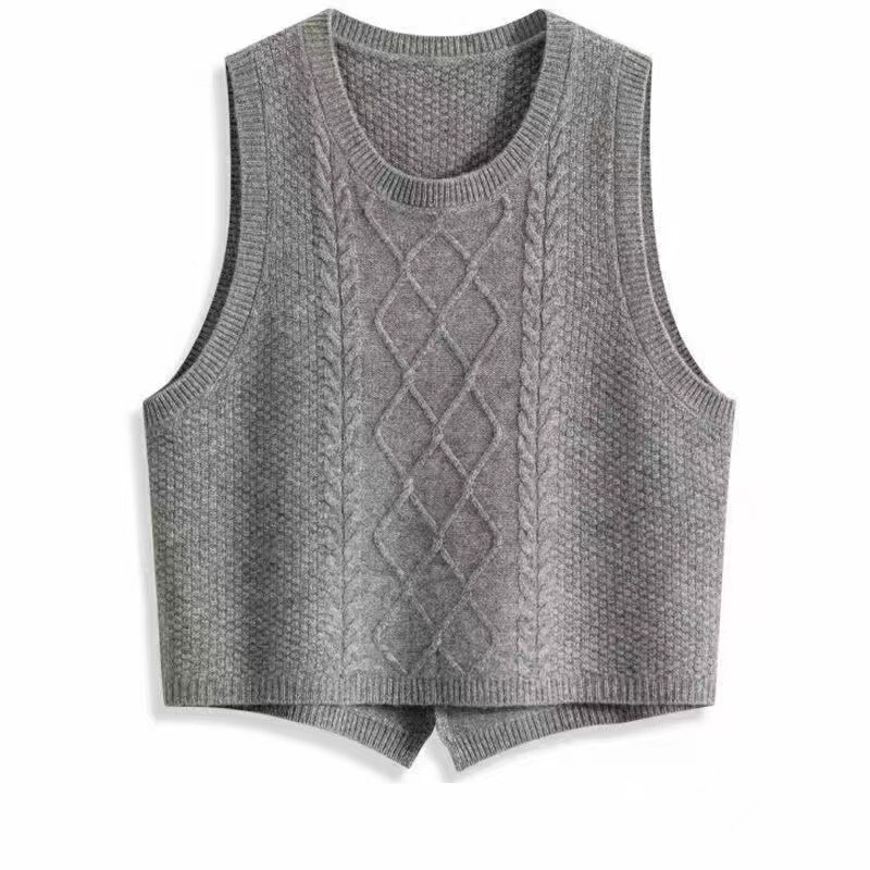 Pure Wool Knitted Vest Autumn and Winter New Women's Fashionable Loose Round Neck Sleeveless Waistcoat Split Twist Top for Women