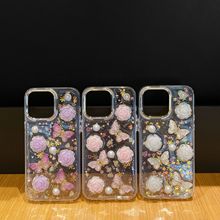 立体水晶蝴蝶山茶花滴胶闪粉适用iphone16手机壳16promax防摔外壳