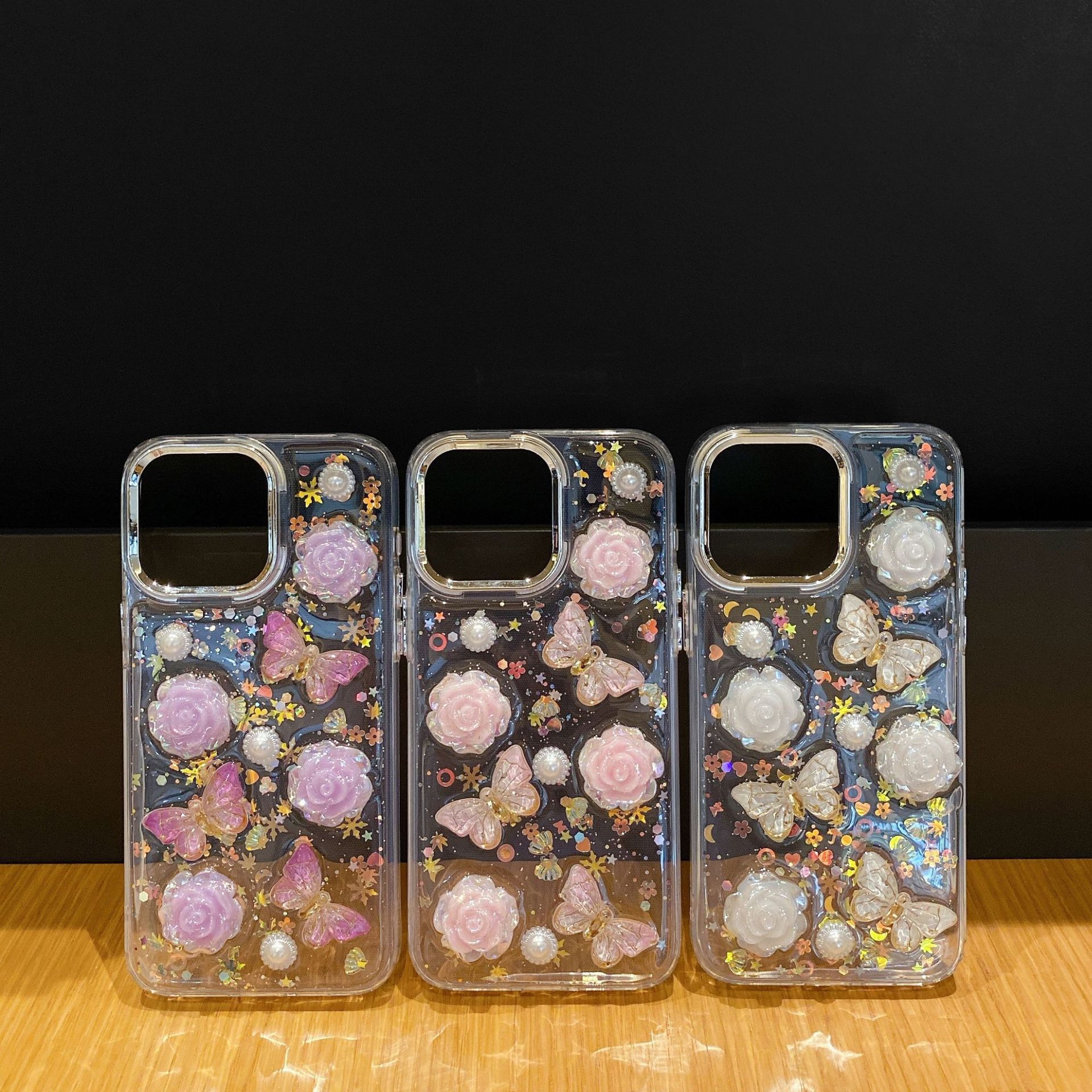 立体水晶蝴蝶山茶花滴胶闪粉适用iphone16手机壳16promax防摔外壳