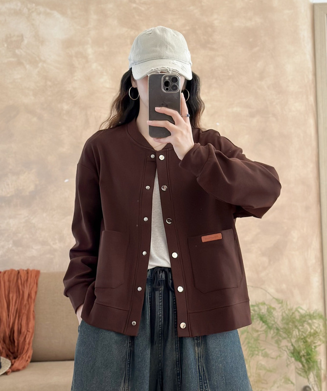 秋季新款休闲百搭长袖针织外套韩版立领棒球服开衫口袋贴标上衣|undefined