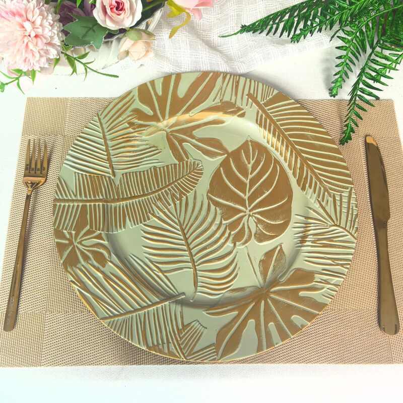 Cross-Border Charger Plates Elegant Green Handmade Gold Leaf Decorative Plates Hotel Wedding Party Serving Plates Cross-Border Charger Plates Elegant Green Handmade Gold Leaf Decorative Plates Hotel Wedding Party Serving Plates