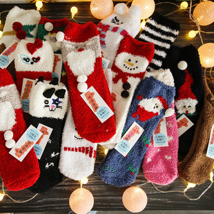 Socks women coral fleece fleece-lined thick Christmas socks winter half velvet warm cartoon sleep socks manufacturers wholesale
